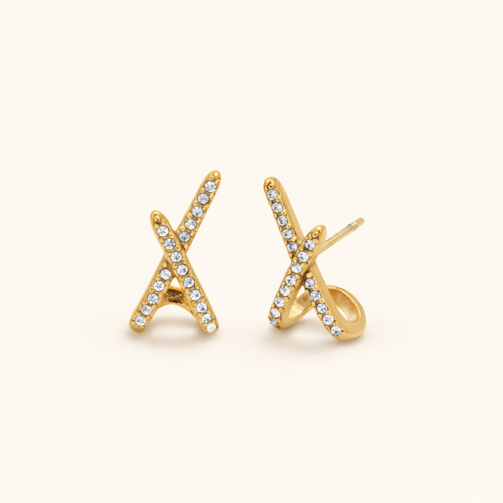 18k gold plated stud earrings in an X-shaped crossover design, available with clear crystal accents